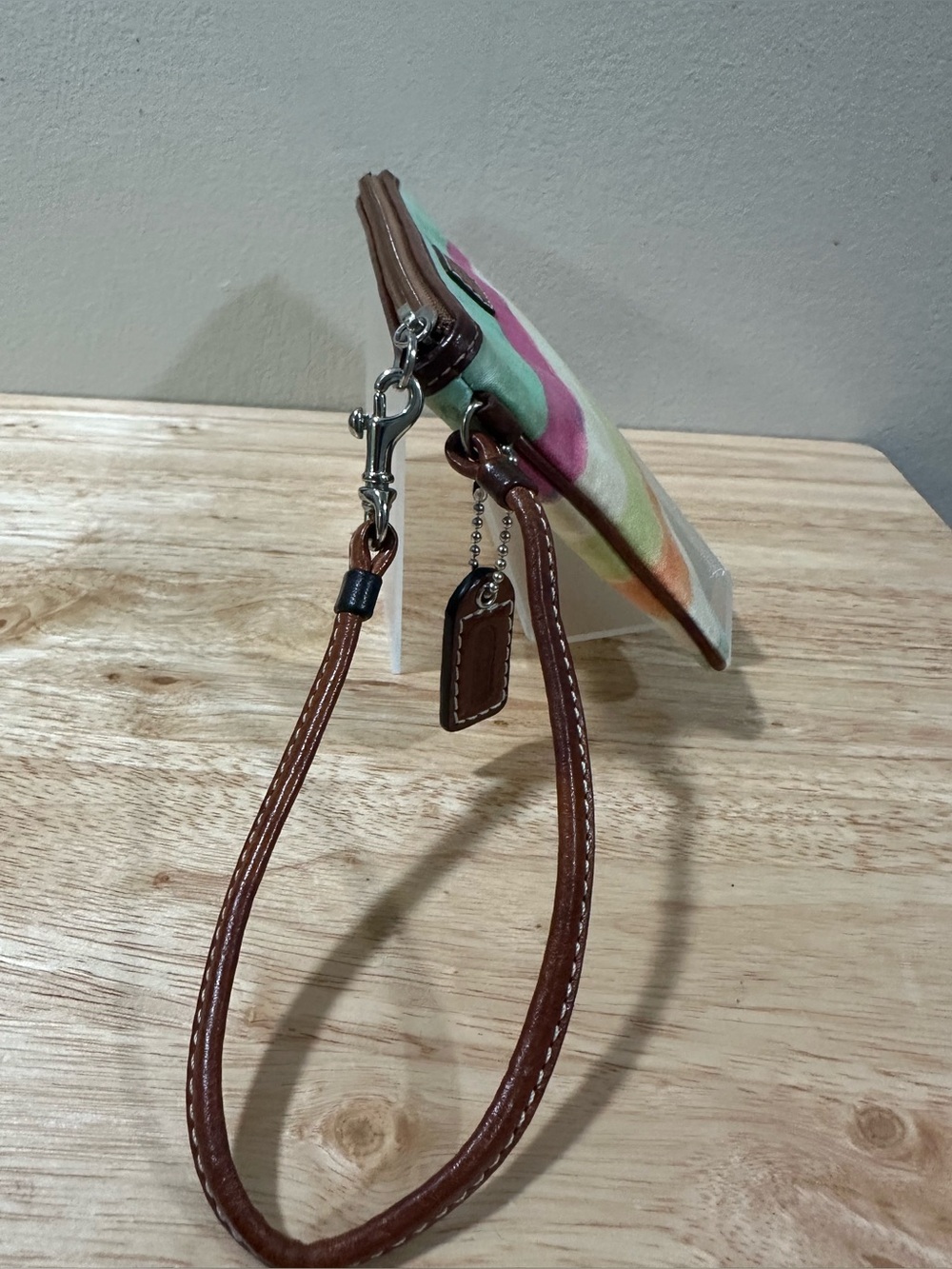 Coach Striped Multicolor Canvas Wristlet with Brown Leather Trim - Picture 6 of 15